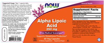 Photo of the NOW Alpha Lipoic Acid 250 mg label