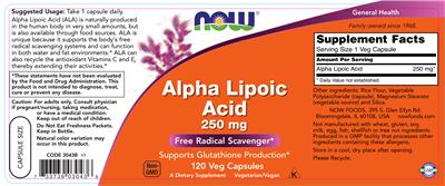 Photo of the NOW Alpha Lipoic Acid 250 mg label