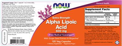 Photo of the NOW Extra Strength Alpha Lipoic Acid 600 mg label