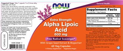 Photo of the NOW Extra Strength Alpha Lipoic Acid 600 mg label