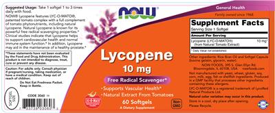 Photo of the NOW Lycopene 10 mg label