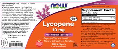 Photo of the NOW Lycopene 10 mg label