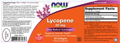 Photo of the NOW Lycopene 20 mg label