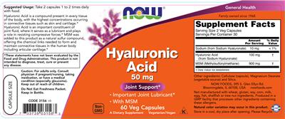 Photo of the NOW Hyaluronic Acid 50 mg label