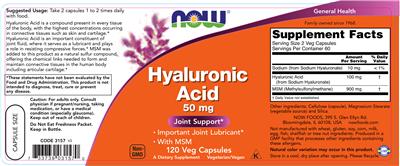 Photo of the NOW Hyaluronic Acid 50 mg label