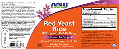 Photo of the NOW Red Yeast Rice 600 mg With CoQ10 30 mg label