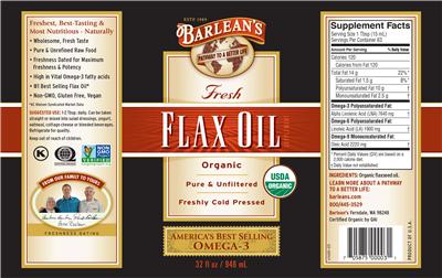 Photo of the Barlean's Fresh Flax Oil label