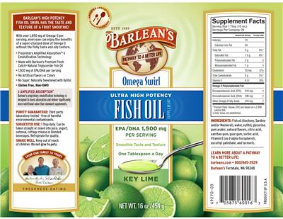 Photo of the Barlean's Omega Swirl Ultra High Potency Fish Oil Key Lime label