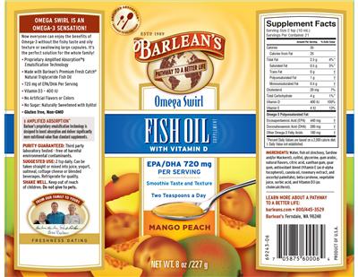 Photo of the Barlean's Omega Swirl Fish Oil With Vitamin D Mango Peach label