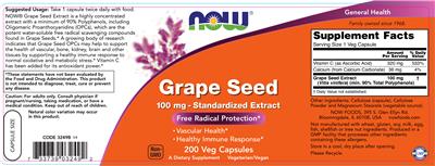 Photo of the NOW Grape Seed 100 mg label