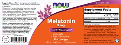 Photo of the NOW Melatonin 3 mg label