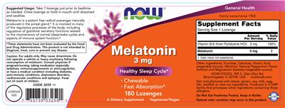 Photo of the NOW Melatonin 3 mg label