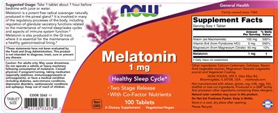 Photo of the NOW Melatonin 1 mg label