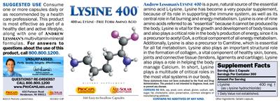 Photo of the ProCaps Laboratories Lysine 400 label