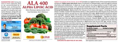 Photo of the ProCaps Laboratories ALA 400 Alpha Lipoic Acid label