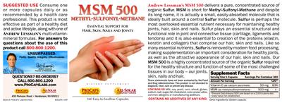 Photo of the ProCaps Laboratories MSM 500 label
