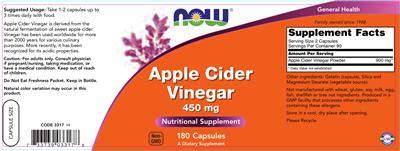 Photo of the NOW Apple Cider Vinegar 450 mg label