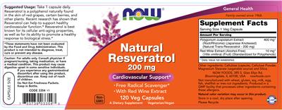Photo of the NOW Natural Resveratrol 200 mg label
