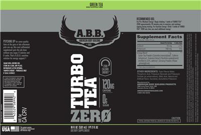 Photo of the A.B.B. American Body Building Turbo Tea Zero Green Tea label