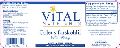 Photo of the Vital Nutrients Coleus Forskohlii 90 mg label
