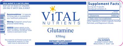Photo of the Vital Nutrients Glutamine 850 mg label
