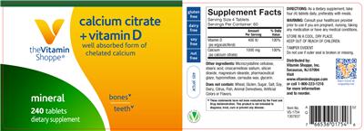 Photo of the The Vitamin Shoppe Calcium Citrate + Vitamin D label