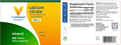 Photo of the The Vitamin Shoppe Calcium Citrate 300 mg label
