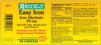 Photo of the Good 'N Natural Easy Iron Iron Glycinate 28 mg label