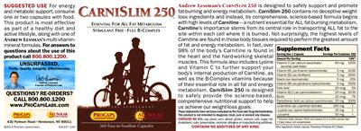 Photo of the ProCaps Laboratories Carnislim 250 label