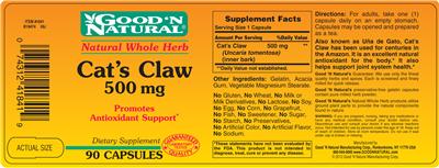 Photo of the Good 'N Natural Cat's Claw 500 mg label