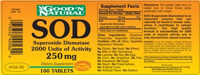 Photo of the Good 'N Natural SOD Superoxide Dismutase 2000 Units Of Activity 250 mg label