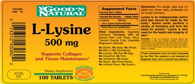 Photo of the Good 'N Natural L-Lysine 500 mg label