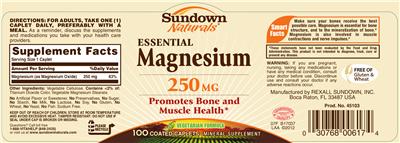 Photo of the Sundown Naturals Essential Magnesium 250 mg label
