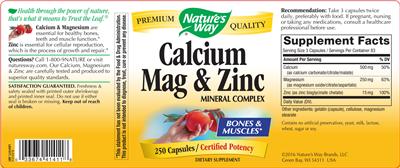 Photo of the Nature's Way Calcium Mag & Zinc Mineral Complex label