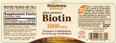 Photo of the Sundown Naturals High Potency Biotin 1000 mcg label
