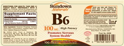 Photo of the Sundown Naturals B6 100 mg label