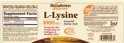 Photo of the Sundown Naturals L-Lysine 1000 mg label