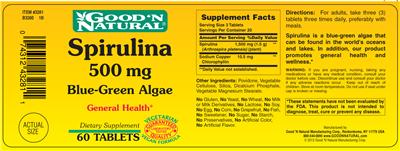 Photo of the Good 'N Natural Spirulina 500 mg Blue-Green Algae label