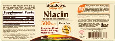 Photo of the Sundown Naturals Niacin Inositol Hexanicotinate 500 mg label