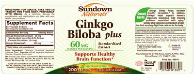 Photo of the Sundown Naturals Ginkgo Biloba Plus 60 mg label