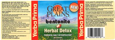 Photo of the Yerba Prima Great Plains Bentonite + Herbal Detox label