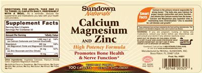Photo of the Sundown Naturals Calcium Magnesium And Zinc label