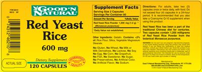 Photo of the Good 'N Natural Red Yeast Rice 600 mg label