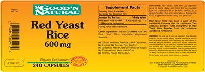 Photo of the Good 'N Natural Red Yeast Rice 600 mg label