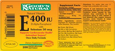 Photo of the Good 'N Natural E 400 IU D-Alpha Tocopherol With Selenium 50 mcg label