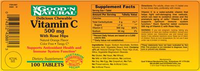 Photo of the Good 'N Natural Delicious Chewable Vitamin C 500 mg With Rose Hips Natural Orange Flavor label