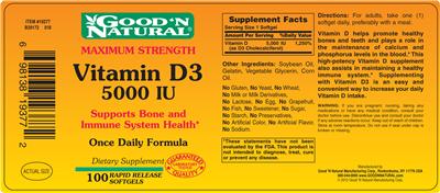 Photo of the Good 'N Natural Maximum Strength Vitamin D3 5000 IU label