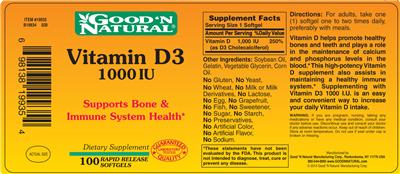 Photo of the Good 'N Natural Vitamin D3 1000 IU Rapid Release Softgels label