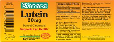 Photo of the Good 'N Natural Lutein 20 mg label