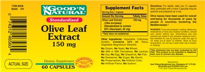 Photo of the Good 'N Natural Standardized Olive Leaf Extract 150 mg label